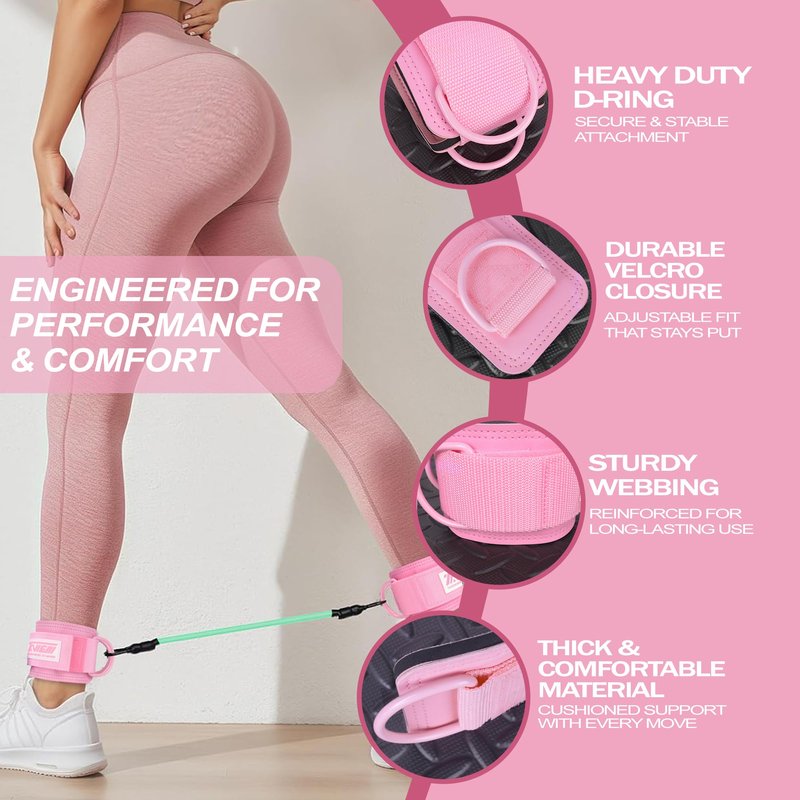 Ankle Straps Resistance Bands with Cuffs, Ankle Bands for Working Out, Ankle Resistance Band for Leg, Booty Workout Equipment for Kickbacks Hip Fitness Training (Pink with 3 Resistance Bands)