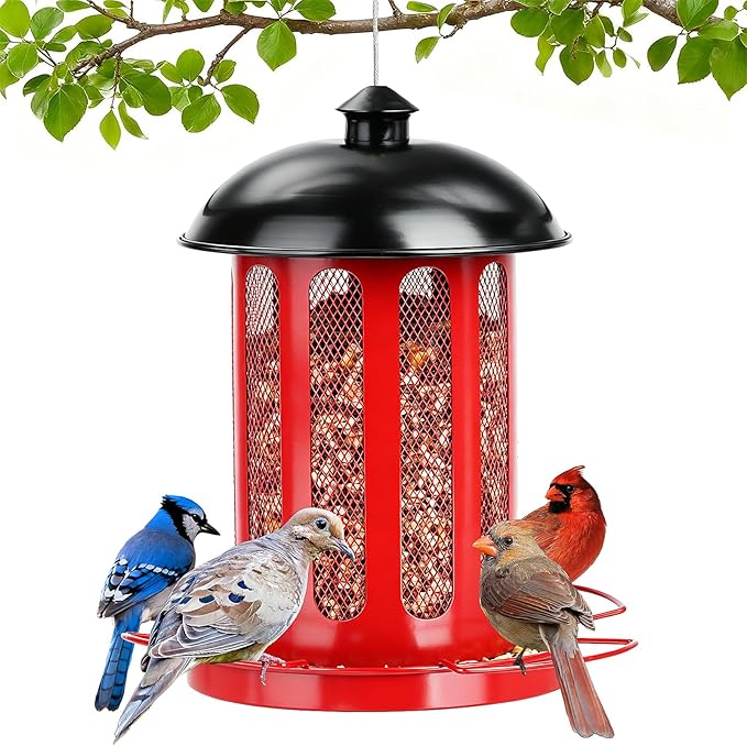Bird Feeder, Large Capacity Bird Feeders for Outdoor Hanging, Heavy Duty Metal Wild Birdfeeder for Outside Garden Yard Decor, Retro Lantern Shape (Red)