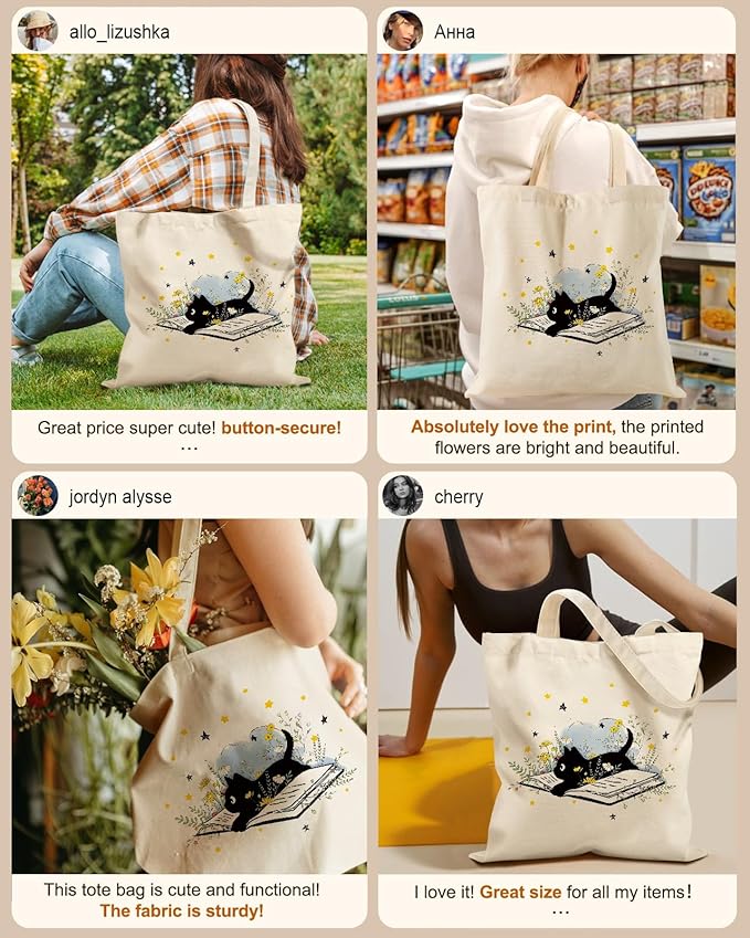 Miss Adola Canvas Tote Bag for Women – Aesthetic Canvas Bag with Zipper Cute Stylish Reusable Shoulder Totes for Shopping Work Daily Vacation, Cat Read