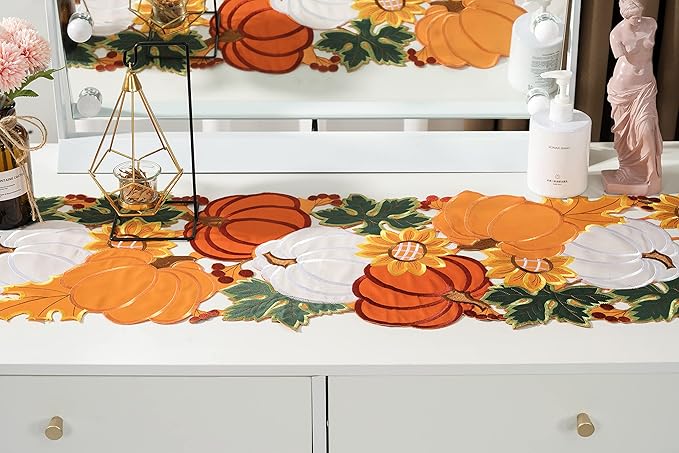 Thanksgiving Table Runner Embroidery Cutout Pumpkin Fall Table Runners Kitchen Decor Party Table Decorations 16x72 inch
