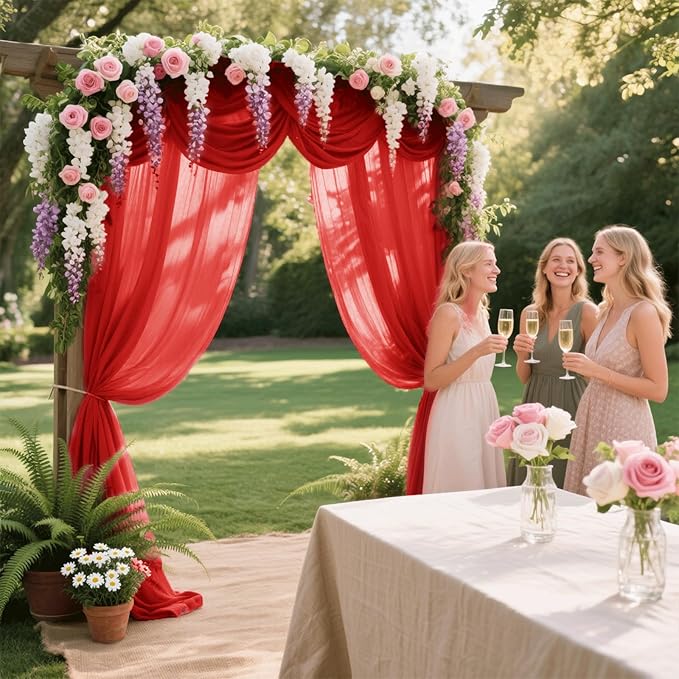 Wedding Arch Draping Fabric 29" x 18 FT Red Sheer Chiffon Outdoor Curtain Drapes for Wedding Birthday Party Ceremony Decor(2 Panels, Red)