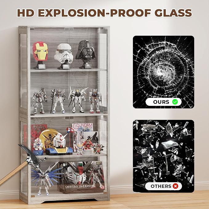 Display Cabinet with Glass Doors, 4-Tier Curio Cabinet with 3 Color Lights for Collectibles, Glass Display Case with Human Body Sensor, Bookcase with 4 Shelves, Storage Cabinets, Gray
