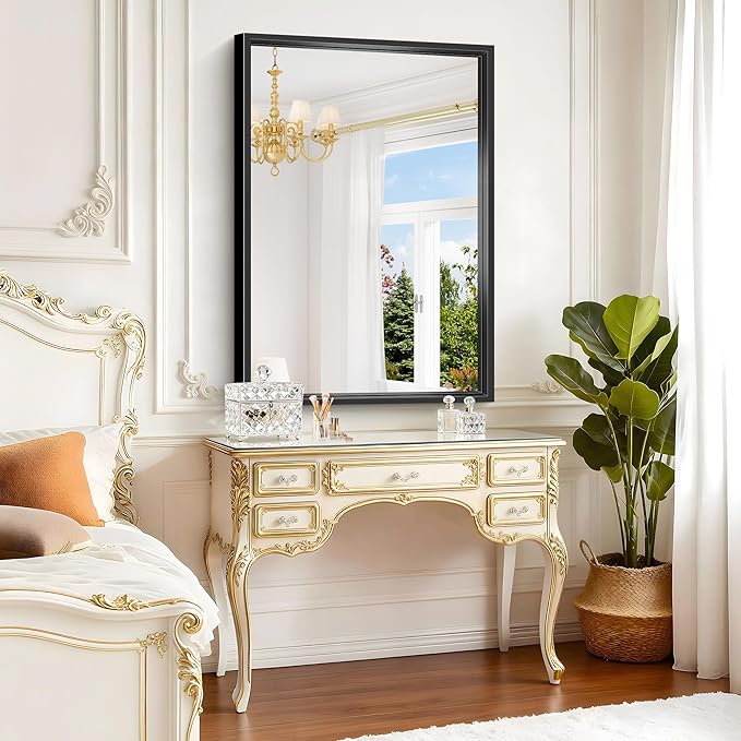 Bathroom Mirror, 42 x 30 Inch Brushed Black Rectangle Mirror, 0.6" Thickened