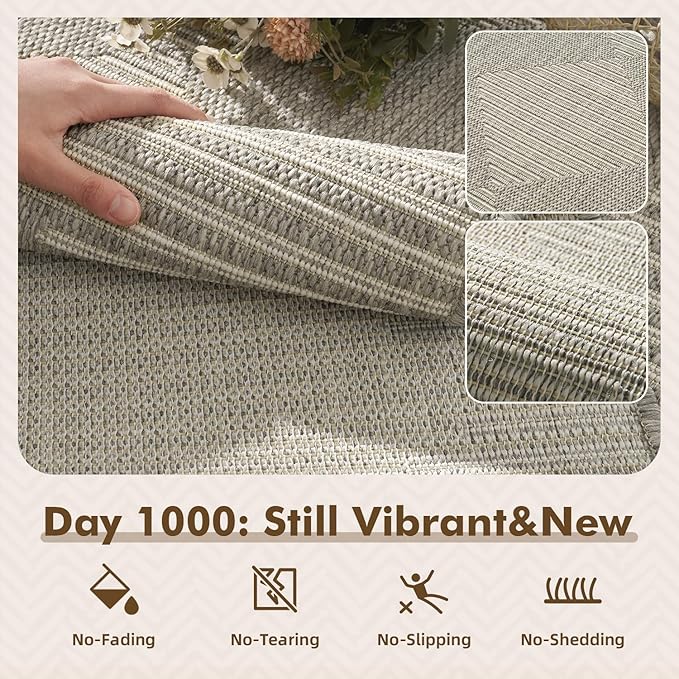 MontVoo-Outdoor Rug Carpet Patio Rug 4x6 ft Polypropylene Indoor Outdoor Rugs for Patio Deck Balcony Porch, Textured Weave, Durable for High Traffic, Fade-Resistant, Boho Geometric Silver Grey