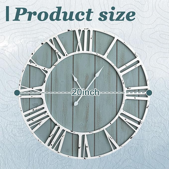 Quelay 20 Inch Coastal Wall Clock, Quiet Ticking Battery Operated, Rustic Retro