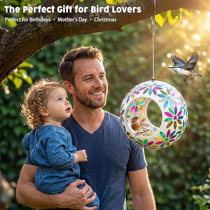 VCUTEKA Bird Feeder for Outside Hanging with Round Shape Glass Container to Attract More Wild Birds, Mosaic Fly Through for Garden, Yard, Backyard, Deck and Porch Decor, 7-Inch