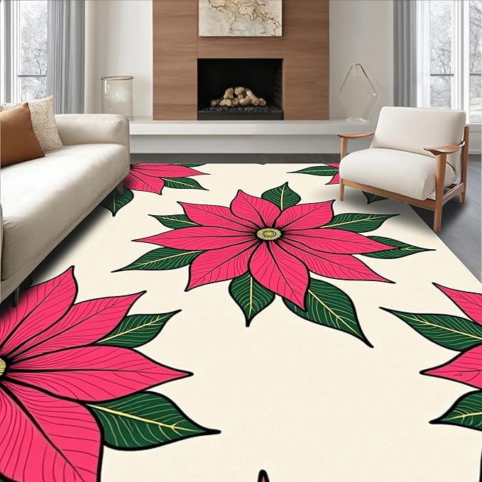 Flatwoven High Traffic Area Rug 6x9, Holiday Poinsettia Bathroom Festive Winter Floral Shower Curtain, Non Slip, Stain Resistant, Washable Area Rugs for Living Room, Bedroom (Pink, 6x9)