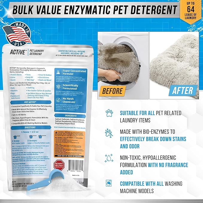 ACTIVE Pet Laundry Detergent and Washing Machine Cleaner Tablets - Includes 2lb Pet Odor Detergent Powder and 24ct Washing Machine Cleaning Tablets
