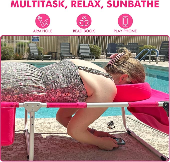 Oversized Extra Wide Tanning Chair with Sun Canopy Face Hole Padded Adjustable Washable, Heavy Duty Layout Folding Lounge Chair for Outside Beach Reading Sunbathing, UPF 50+, XL, Pink, 330 LBS