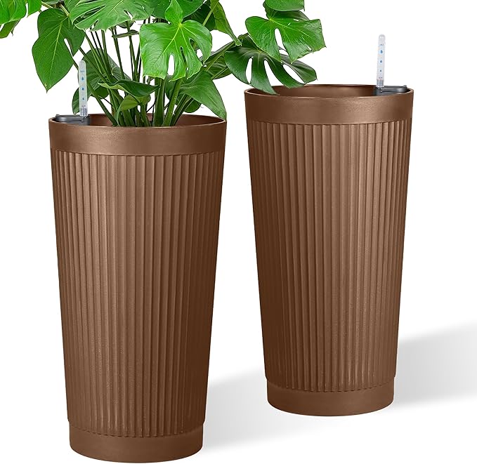 TUYOHW Set of 2 Self-Watering 24in Plastic Round Planters with Vertical Stripe Design – Indoor Outdoor Flower Pots for Plants, Herbs, Small Trees