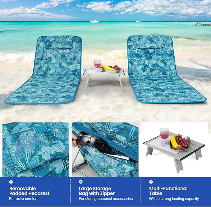 Giantex Beach Chairs with Side Table - 2 Pack Folding Lounge Chairs for Adults, 5 Position Adjustable Lawn Chair for Outdoor Sunbathing, Patio Chaise Lounge Lightweight Backpack Camping Chairs (Teal)