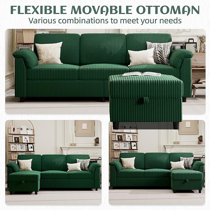 Vongrasig Convertible Sectional Couch, 3 Seat L Shaped Sofa with Removable Pillows Linen Fabric Small Modern Couch Mid Century for Living Room, Apartment and Office, Green