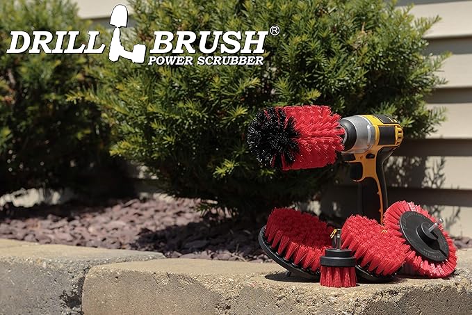 Drillbrush 5 Piece Red Stiff Nylon Cleaning Brush Set - Outdoor Cleaning Scrub Brushes for Cordless Drill - Siding Cleaner Brush Attachment - Deck Scrubbing - Birdbath Cleaner - Gravestone Scrubber
