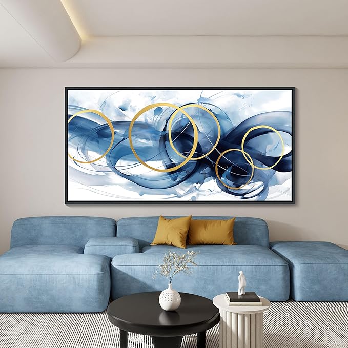 HKDGOKA Abstract Wall Art Living Room - Framed Large Canvas Gold Blue Gradient Canvas Paintings Wall Artwork Modern Office Bedroom Pictures for Kitchen Bathroom Wall Decor 29x58 In