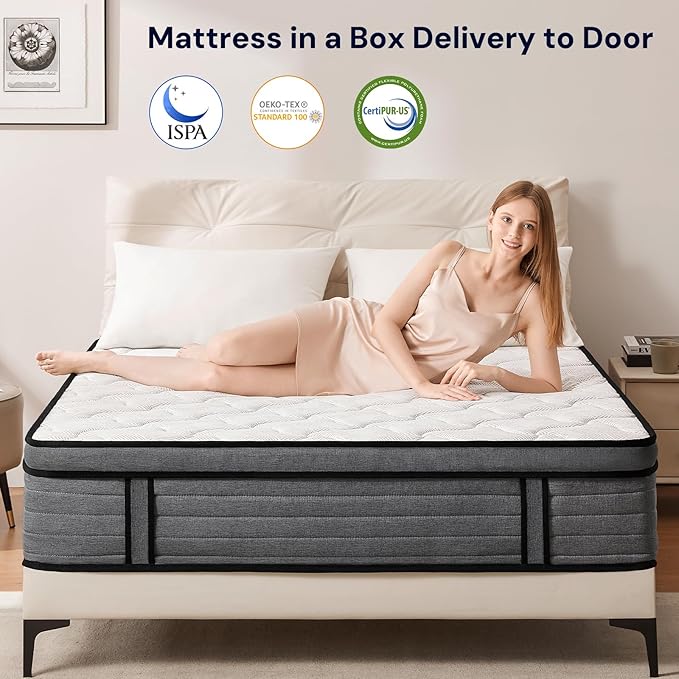 VKT 12 Inch King Hybrid Mattress - Medium Firm Feel Back Support, Mattress in a Box with Individual Pocket Springs, Cooling Memory Foam for Pressure Relief with CertiPUR-US Certified