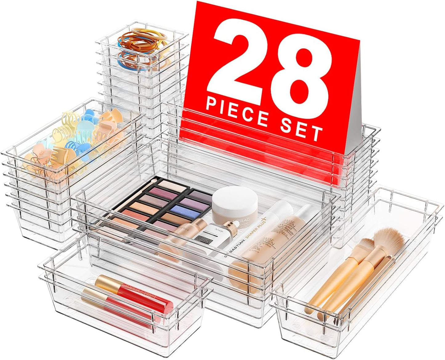 A-LuGei Drawer Organizer, Bathroom Organizers and Storage, Makeup organizer, Desk drawer organizer, Storage Bins for Kitchen Office Bedroom Vanity Jewelry Pantry Garage, 4Size, Clear
