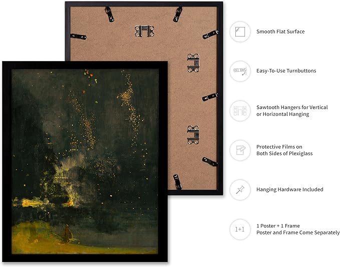Poster Master Vintage Nocturne in Black and Gold Painting Poster - Retro The Falling Rocket Print - Abstract Art - Moody Art - Landscape Art - Office or Living Room Decor, 8x10 Black Framed