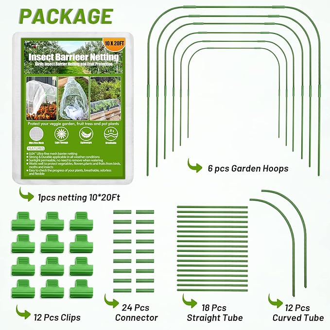Cludoo 67pcs Garden Mesh Netting Kit,6 Sets Wide Garden Hoops with 10x20 ft Garden Covers Bird Netting& 12 Clips, Garden Protection for Raised Beds Greenhouse Vegetable Plants Flowers Animals