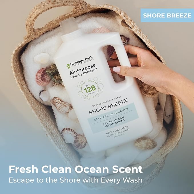 Heritage Park Luxury Laundry Detergent | Dermatologist Tested Plant based Natural & Enzyme Laundry Detergent | Sensitive Skin Friendly - Shore Breeze (64 fl oz)