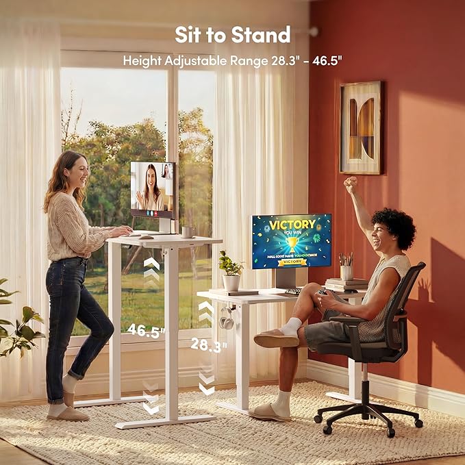 FEZIBO Standing Desk, 63×28 Inches Electric Height Adjustable, Sit Stand Up, Computer Office Desk with Splice Board, While Frame/While TOP