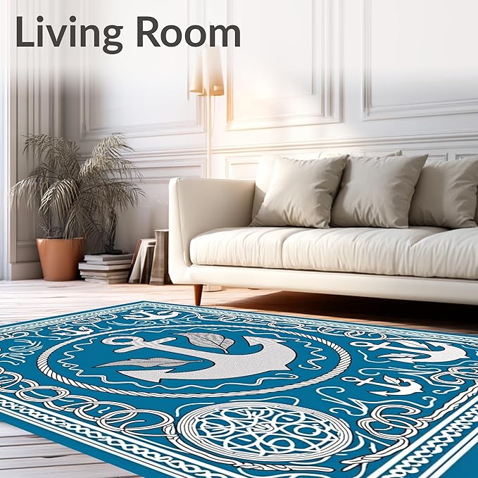Flatwoven High Traffic Area Rug 8x10, Sailing Ship Anchor Rope Knot Marine World Foam Trio, Non Slip, Stain Resistant, Washable Area Rugs for Living Room, Bedroom (Blue, 8x10)