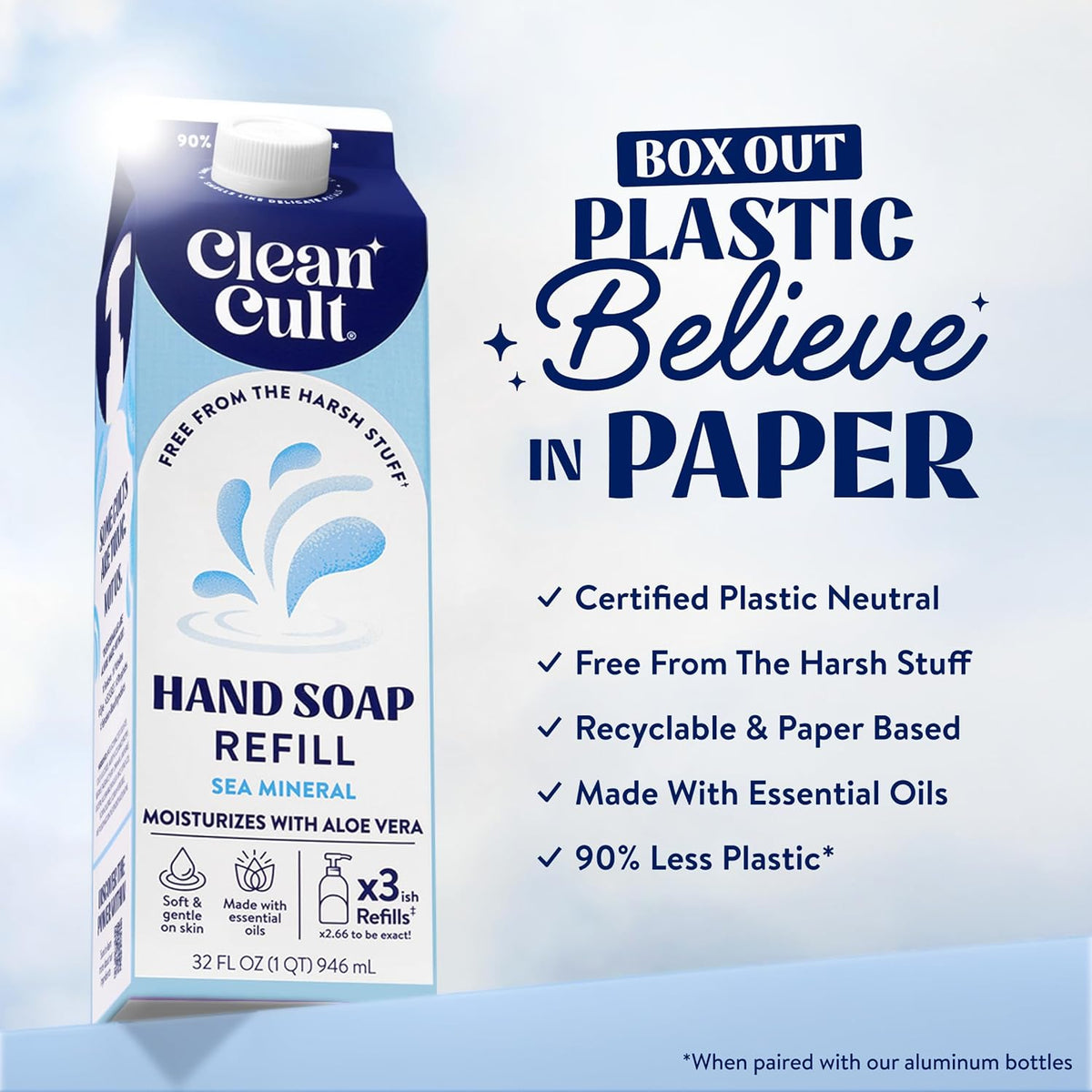 Cleancult - Liquid Hand Soap Refills - Sea Minerals - Gentle On Sensitive Skin - Made with Aloe Vera & Essential Oils - Eco Friendly - Paper-Based Packaging - 32 oz/3 Pack