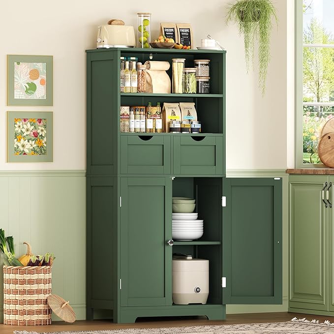 Iwell Bathroom Storage Cabinet with 2 Drawers & Adjustable Shelf, Storage Cabinet with Doors, Kitchen Pantry Storage Cabinets, Cupboard, for Living Room, Dining Room, Entryway, Green