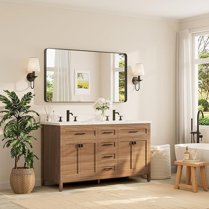 TETOTE 55 x 30 Inch Bathroom Mirror, Matte Black Modern Metal Frame Rectangle