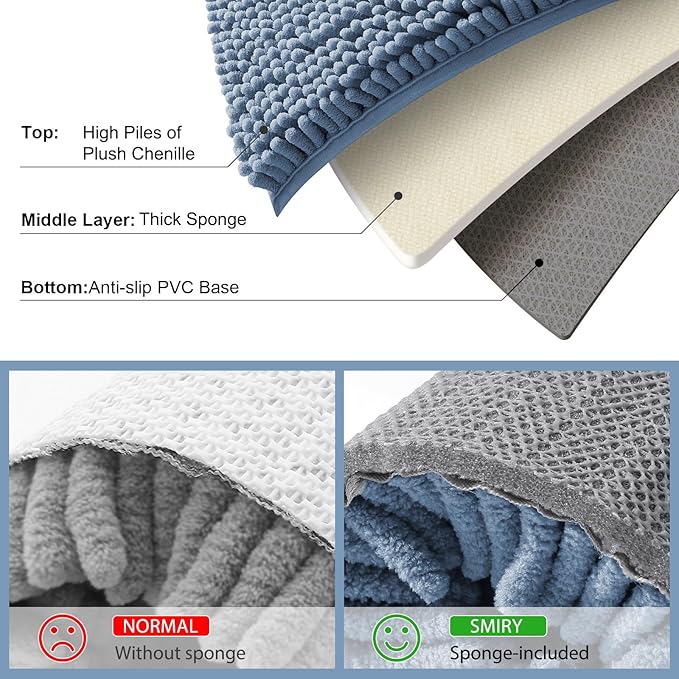 Smiry Luxury Chenille Bathroom Rugs 59x24, Extra Soft and Absorbent Shaggy Bath Mat, Machine Washable, Non-Slip Plush Carpet Runner for Tub, Shower, and Floor, Home Decor Accessories, Grayish Blue