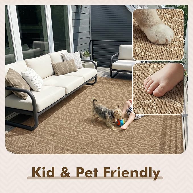 MontVoo-Outdoor Rug-Patio Rug 4x6 Polypropylene Indoor Outdoor Rugs Outdoor Carpet for Patio Deck Balcony Porch, Textured Weave, Durable for High Traffic, Fade-Resistant, Boho Farmhouse Neutral Brown