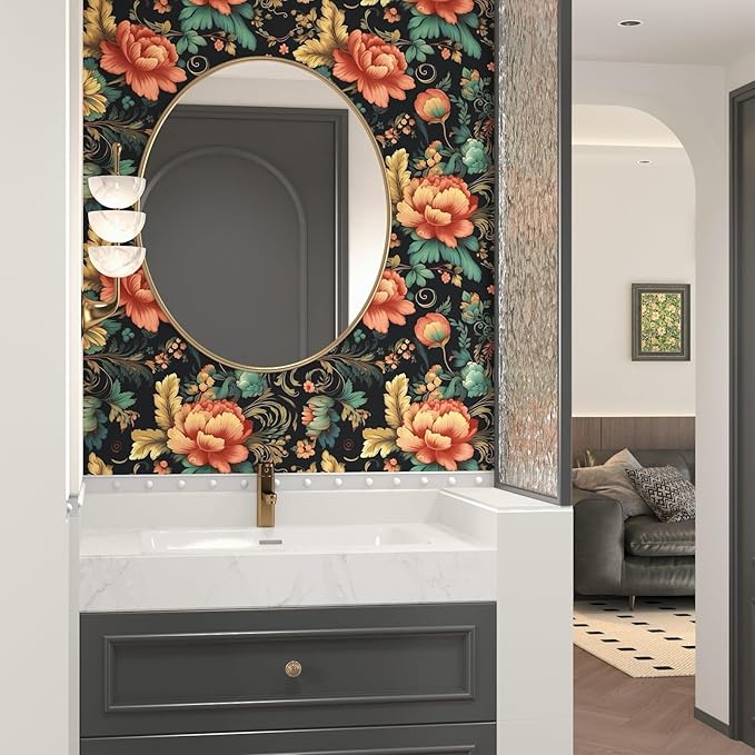BOKEBEVE Extra Long Colorful Floral Peel and Stick Wallpaper Boho Vibrant
