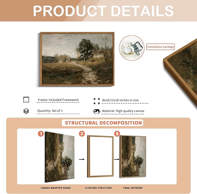 Floating Framed Vintage Canvas Wall Art Decor, Modern Countryside Wall Decor for Living Room, Nature Landscape Pictures Paintings Prints for Bedroom Hallway Office Decoration 8x10 inch