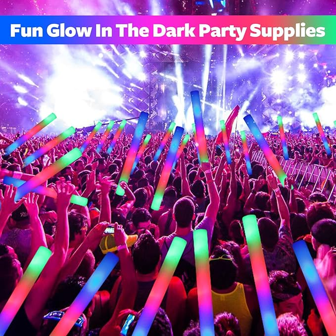 200 PCS LED Foam Glow Sticks Bulk, Glow in the Dark Party Supplies with 3 Modes Colorful Flashing, Neon Party Favors for Birthday, Wedding, Carnival, Concert, New Year