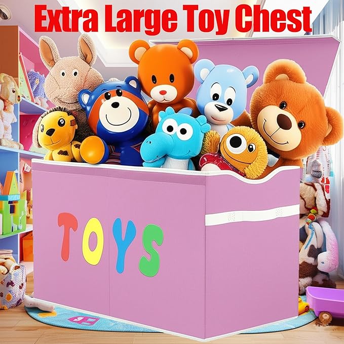 Toy Box Chest, Collapsible Sturdy Storage Bins with Lids, Extra Large Kids Toy Storage Organizer Boxes Bins Baskets for Kids, Boys, Girls, Nursery Room, Playroom, Closet (Classical Pink)