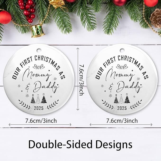 Our First Christmas As Mom & Dad Ornament 2025,Celebrate Baby's First Christmas Ornament,New Parents Promoted to Mommy Daddy Gifts,Family of Three Ornament for Mom Dad Newborn Xmas Gifts Decorations