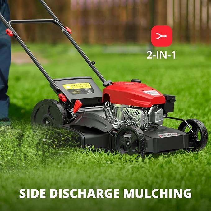 AMERISUN 21" Gas Lawn Mower, 144cc Engine, 2-in-1 Mulching & Side Discharge, 6-Position Height Adjustment, Foldable Handles for Lawn, Yard, and Garden Maintenance