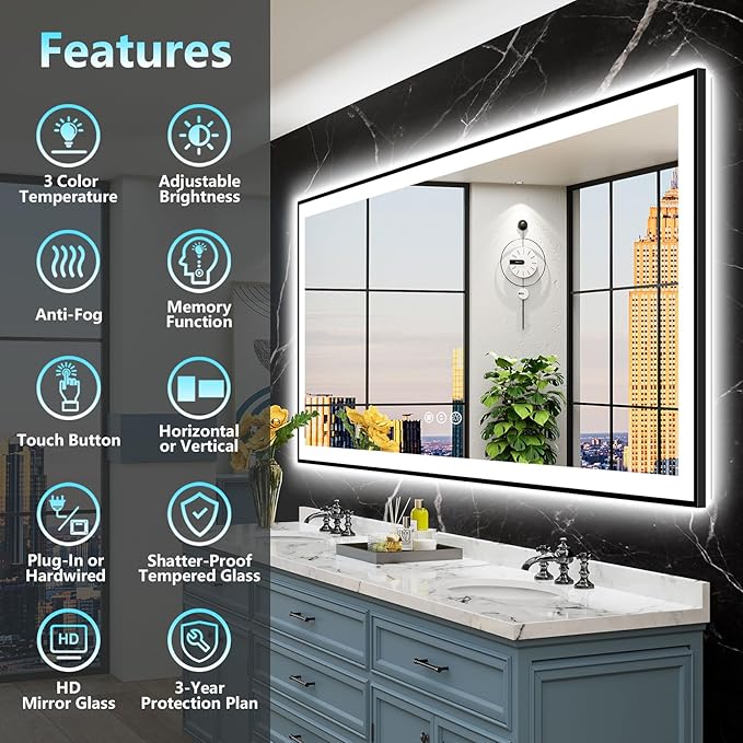 84x40 Black Framed LED Bathroom Mirror
