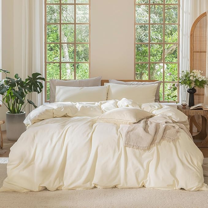 MooMee Bedding Duvet Cover Set 100% Washed Cotton Linen Like Textured Breathable Durable Soft Comfy (Solid Cream White, King 104"x90")