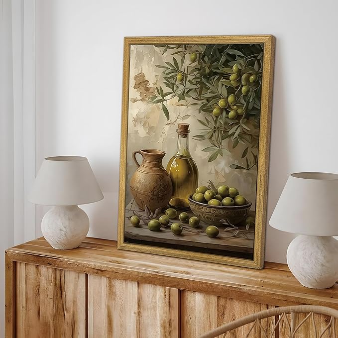 Wood Framed Olive Kitchen Wall Art, Vintage Rustic Still Life Canvas Print