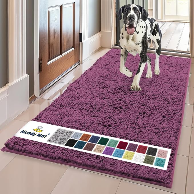 Muddy Mat® | Super Water Absorbent Door Mat Indoor, Microfiber Quick Dry Chenille Entryway Rug, Slip Resistant Front Door Mat, Indoor Mats for Entryway, Machine Washable Pet Rug, Dark Purple 36"x60"