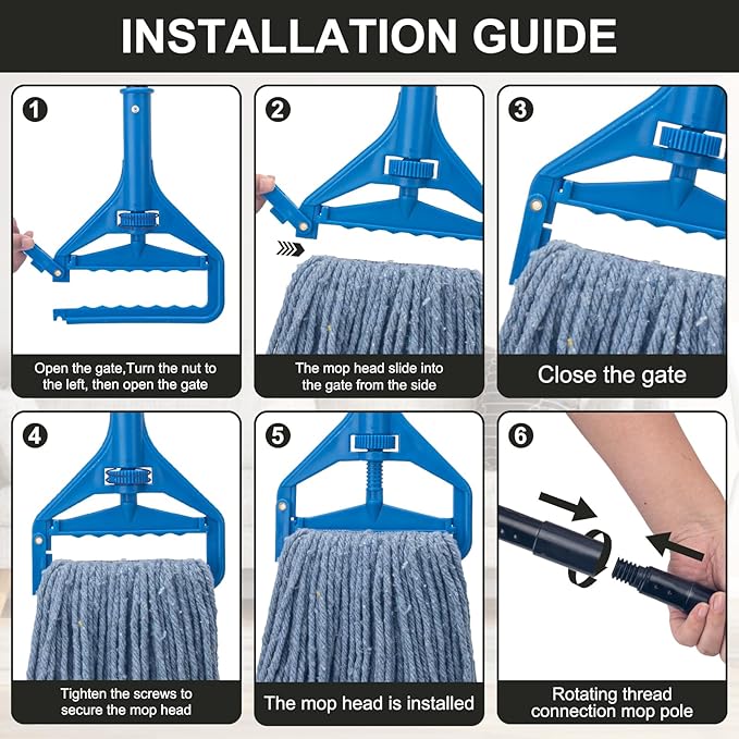 Commercial Industrial Mop with 3 Extra Large Reusable Replacement Head,59" Long Handle Heavy Duty Wet Mops,Looped-End String Cotton Mop for Floor Cleaning,House,Kitchen,Office,Garage,Tile(Blue)