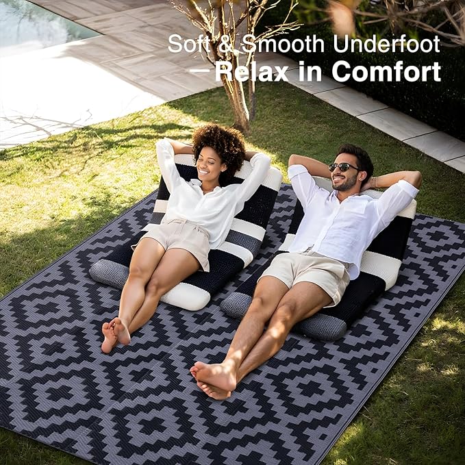 OLANLY Waterproof Outdoor Rug 5x8 ft, Outdoor Plastic Straw Rug for Camping, RV Mat Outside, Indoor Outdoor Carpet for Porch, Deck, Backyard, Balcony, Picnic, Black & Grey