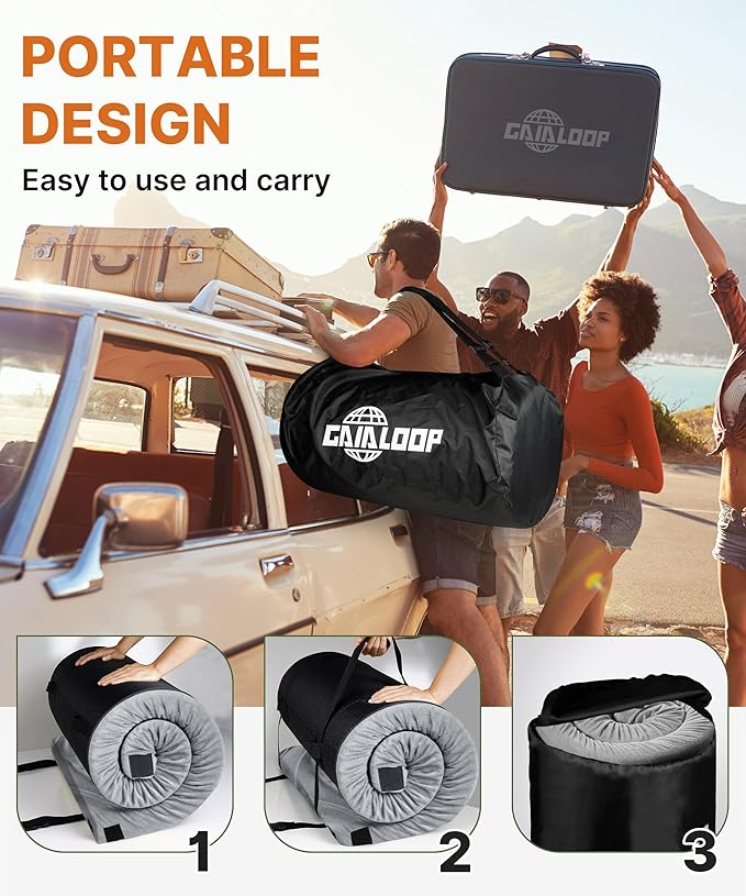 3 Inch GAIALOOP Thick Memory Foam Camping Mattress Sleeping Pad [Car/Tent/Cot] Glamping Portable Floor Mat Roll Up Futon Mattress for Guests Sleepover
