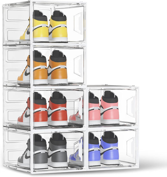 Shoe Storage Boxes Fit Size 13, White Plastic Stackable Shoe Organizer for Closet, Shoe Rack & Holder Sneaker Container, Thicken & Sturdy 6-Sided Hard Clear White 6 Pack