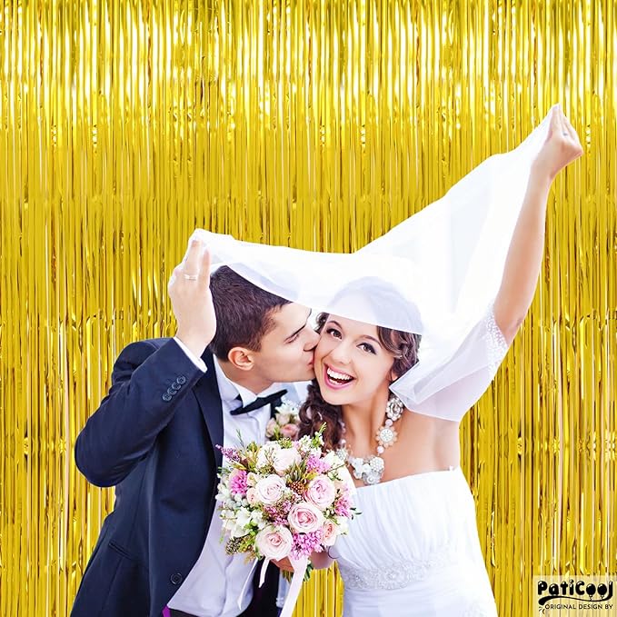 Christmas Decorations Thicken Gold Streamers, 4 Pack 3.2 x 8.2 FT Golden Tinsel Backdrop Curtains, Foil Fringe Photo Backdrop for Birthday, Prom, Hollywood, Anniversary Party Decorations