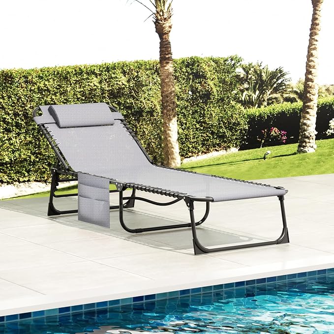 Outdoor Folding Lounge Chair, 4-Level Reclining Backrest Chaise Lounge, Removable Pillow & Side Pocket Design, Breathable Portable Tanning Chair for Poolside, Beach, Patio, Backyard