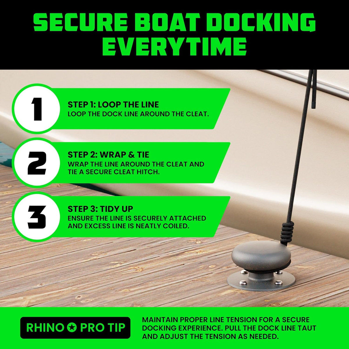 Rhino USA Dock Lines - Heavy Duty 1/2" x 16' Marine Grade Rope for Boats, Kayaks & Pontoons - Black