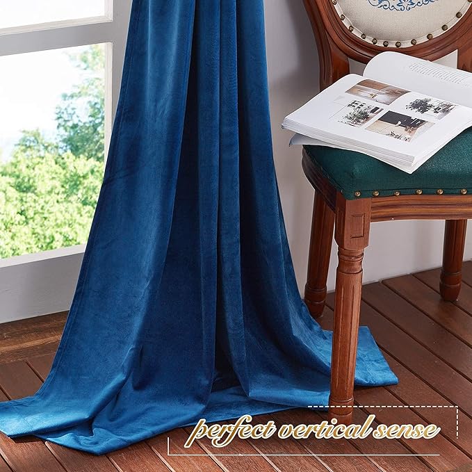 NICETOWN Blue Velvet Curtain Panels 84 inch Long, Luxury Rod Pocket Window