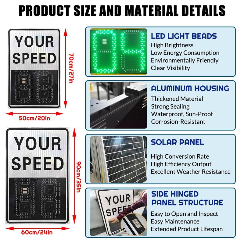 80w Solar LED Radar Speed Signs, Radar Speed Signs, Sign Road Safety Speed Limit Detector, Flashing Speed Limit Indicator,Aluminum Radar Speed Display Road Warning Board(19.6x27.5inch)