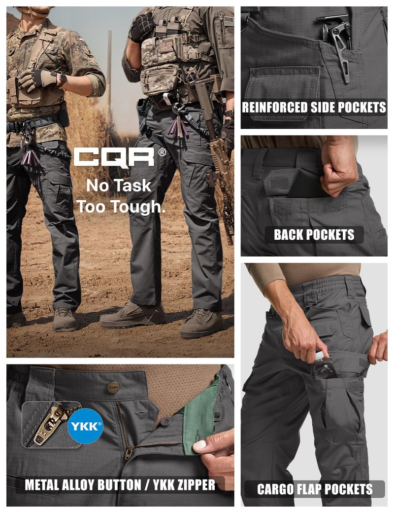 CQR Men's Tactical Pants, Water Resistant Ripstop Cargo Pants, Lightweight EDC Work Hiking Pants, Outdoor Apparel, Duratex Mag Pocket Charcoal, 44W x 32L